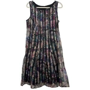 SLNY Size 14 Dark Floral Pleated A-Line Dress Sheer Mesh Fairy Grunge Whimsigoth